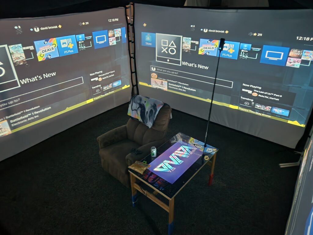 Alternative gaming setup for a single player surround screen view.