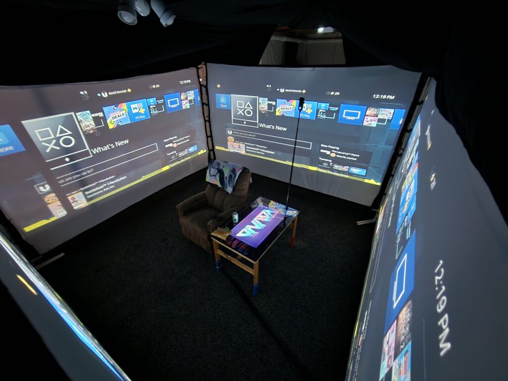 Zoomed out view to show all four screens ready for a Playstation gaming session